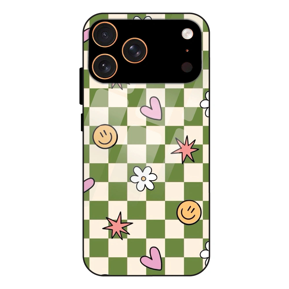 Checkerboard Smile Daisy Heart - Glass Case For Apple iPhone 17 Pro