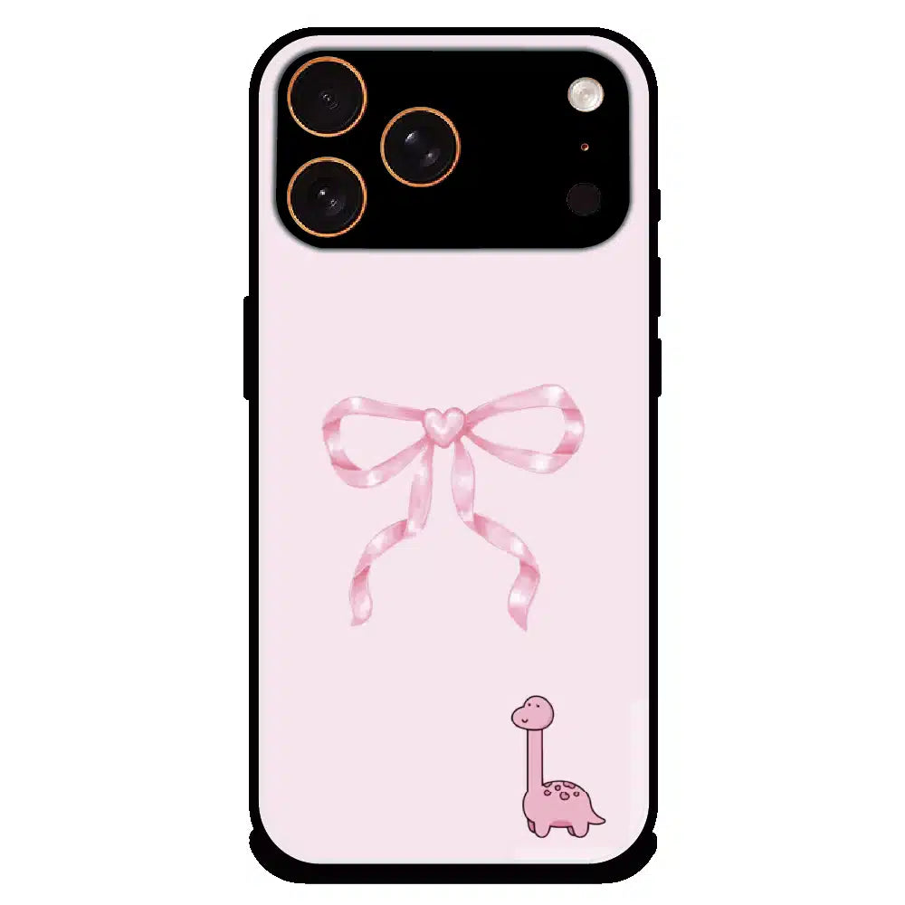 Cute Pink Dino Bow - Glossy Metal Silicone Case For Apple iPhone 17 Pro