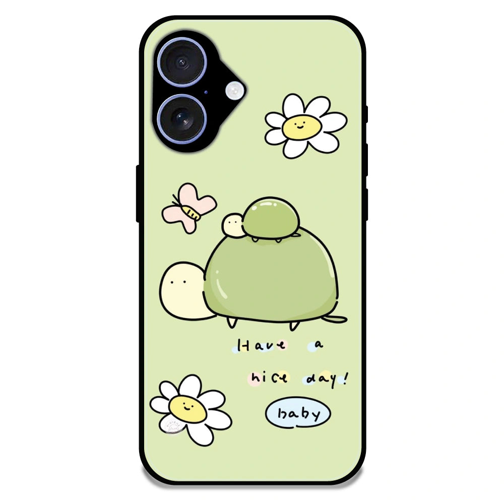'Cute Turtle & Daisy “Have a Nice Day” - Glossy Metal Silicone Case For Apple iPhone 17