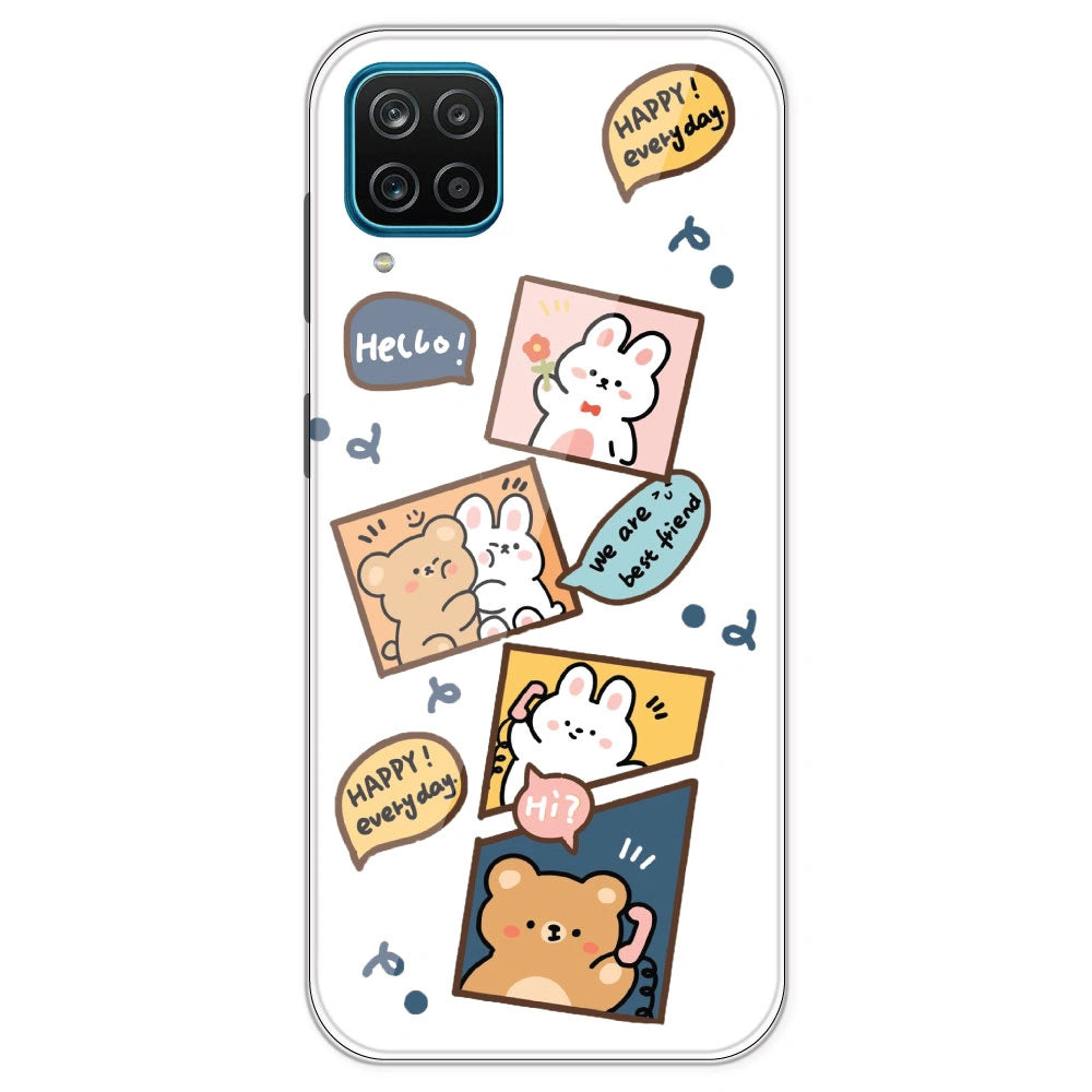 Happy Rabit And Bear - Clear Printed Silicone Case For Samsung Galaxy M12