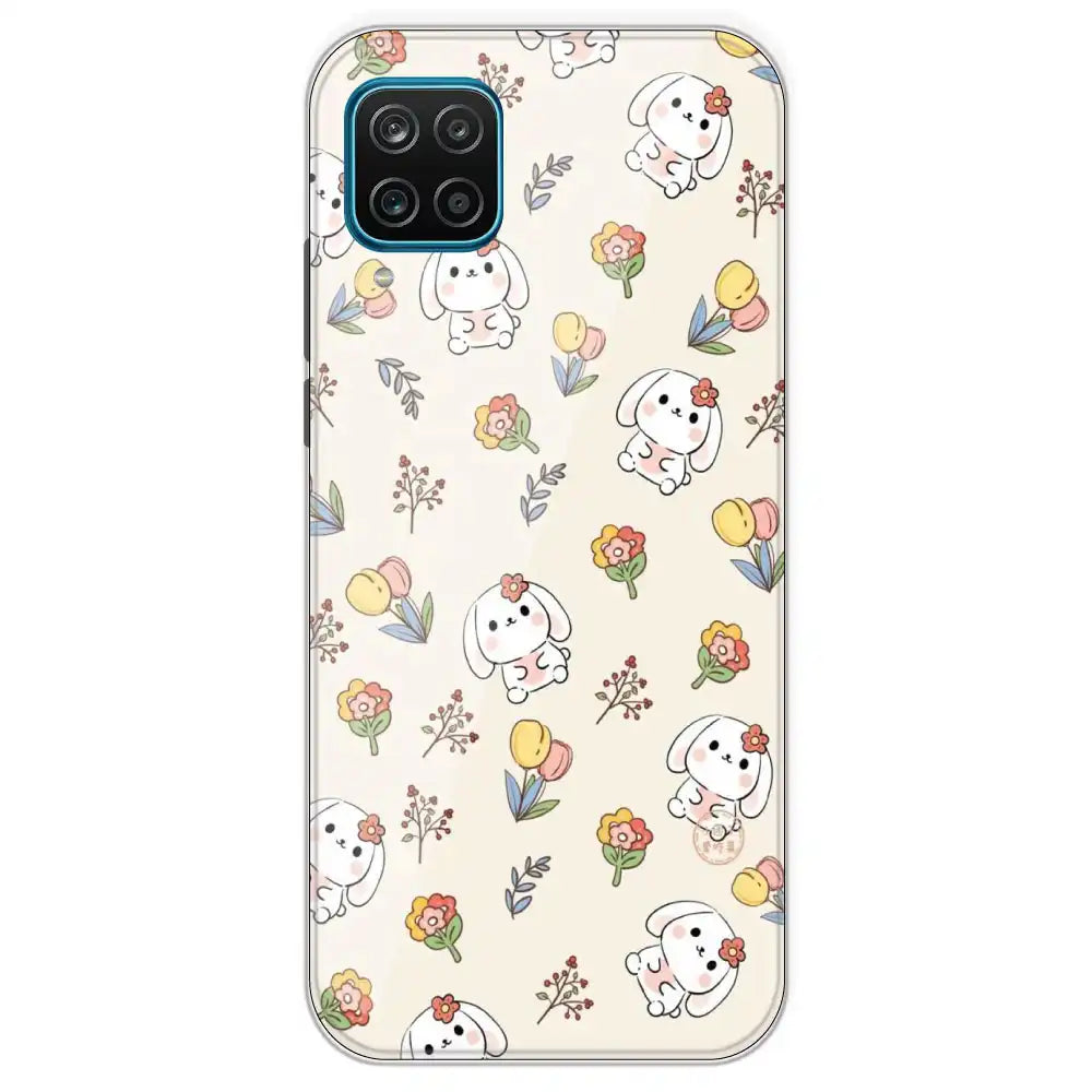 Cute Bunny And Flowers - Printed Silicone Case For Samsung Galaxy M12