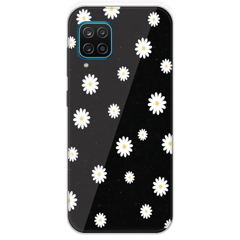 White And Black Flower - Printed Silicone Case For Samsung Galaxy M12