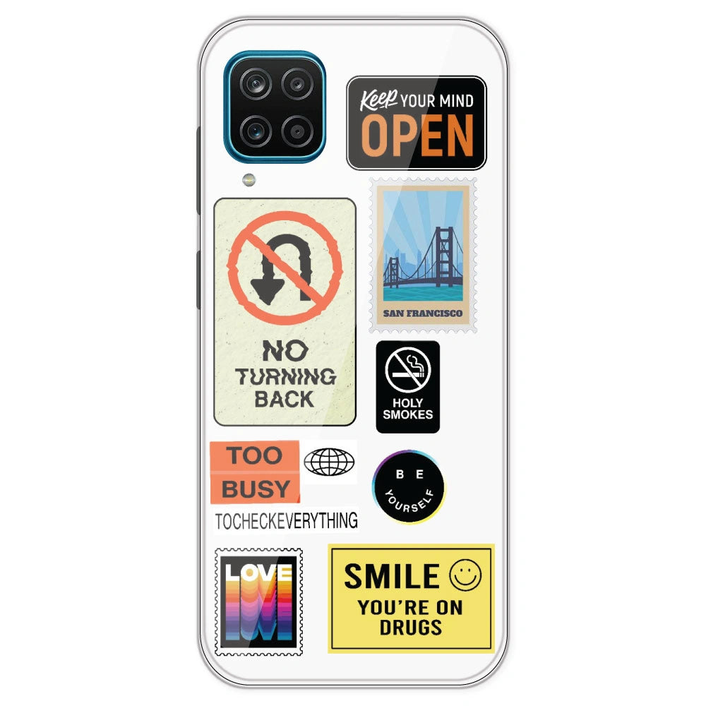 Retro Labels - Clear Printed Silicone Case For Samsung Galaxy M12