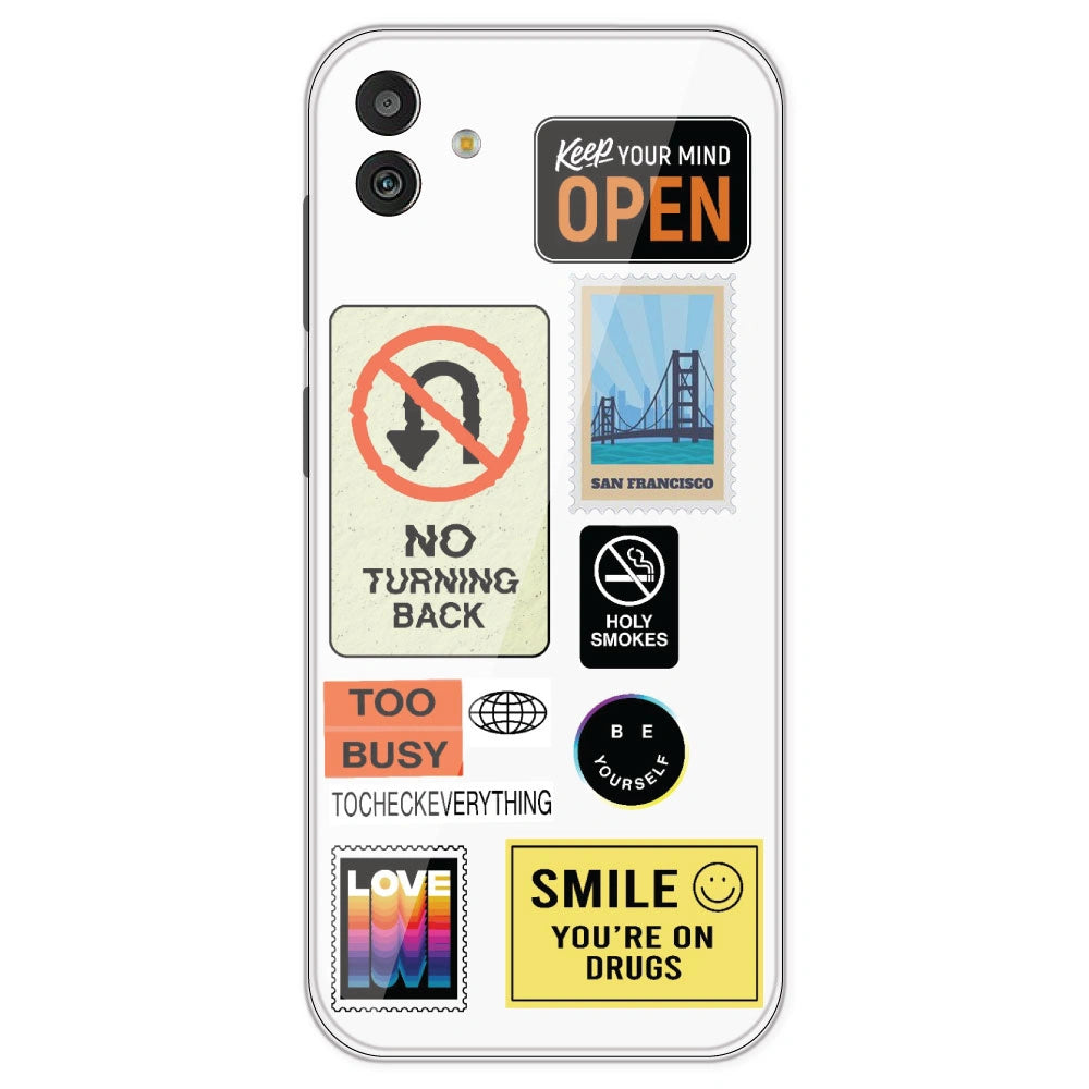 Retro Labels - Clear Printed Silicone Case For Samsung Galaxy M13