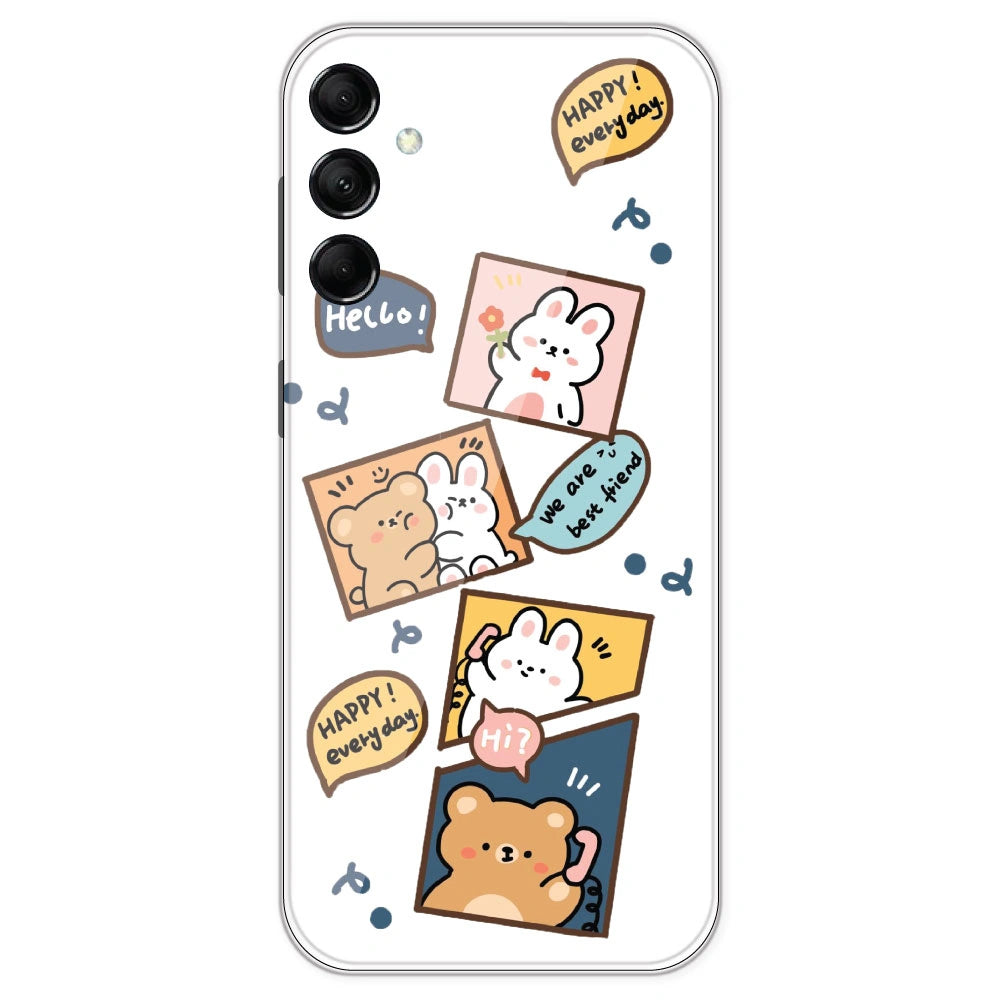 Happy Rabit And Bear - Clear Printed Silicone Case For Samsung Galaxy M14