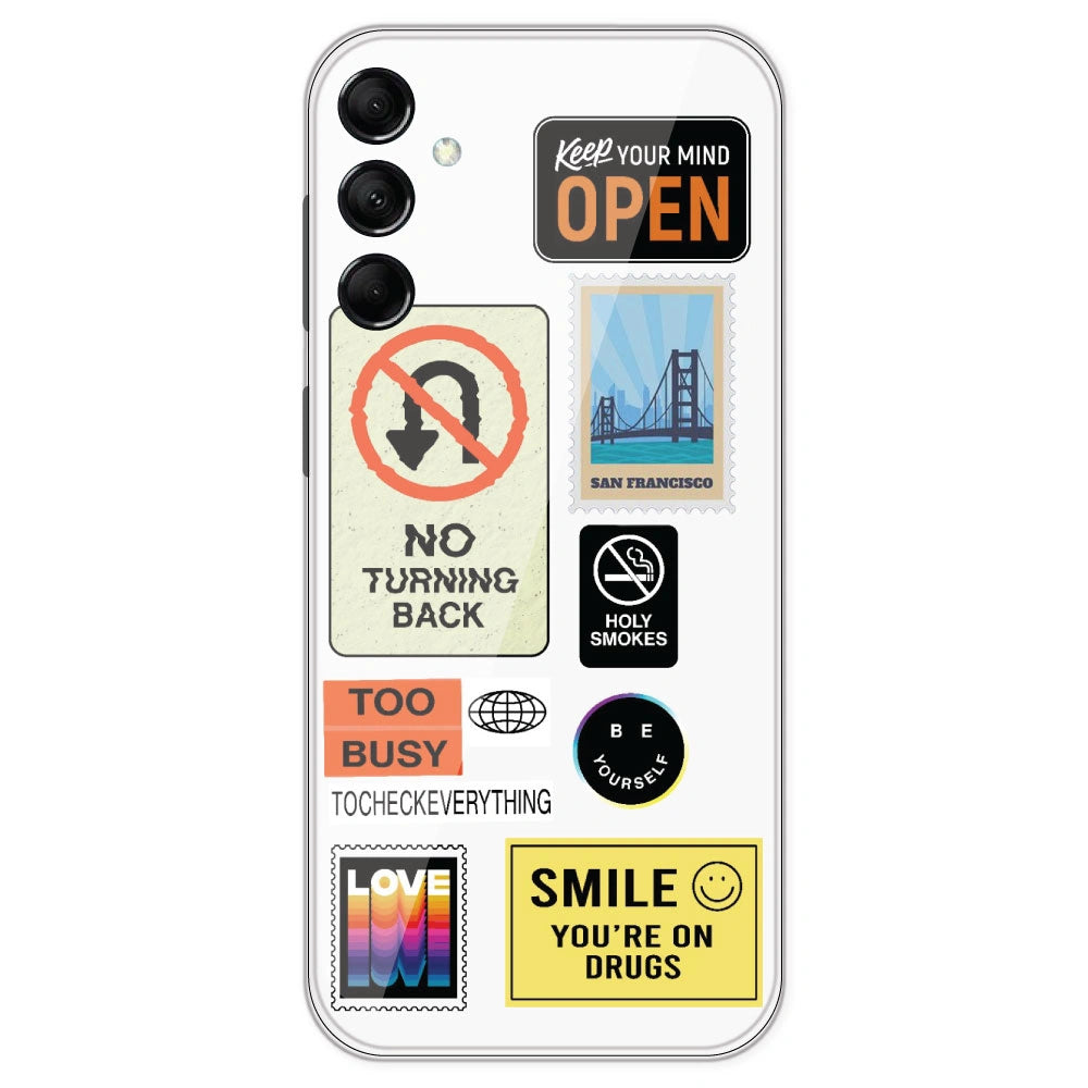 Retro Labels - Clear Printed Silicone Case For Samsung Galaxy M14