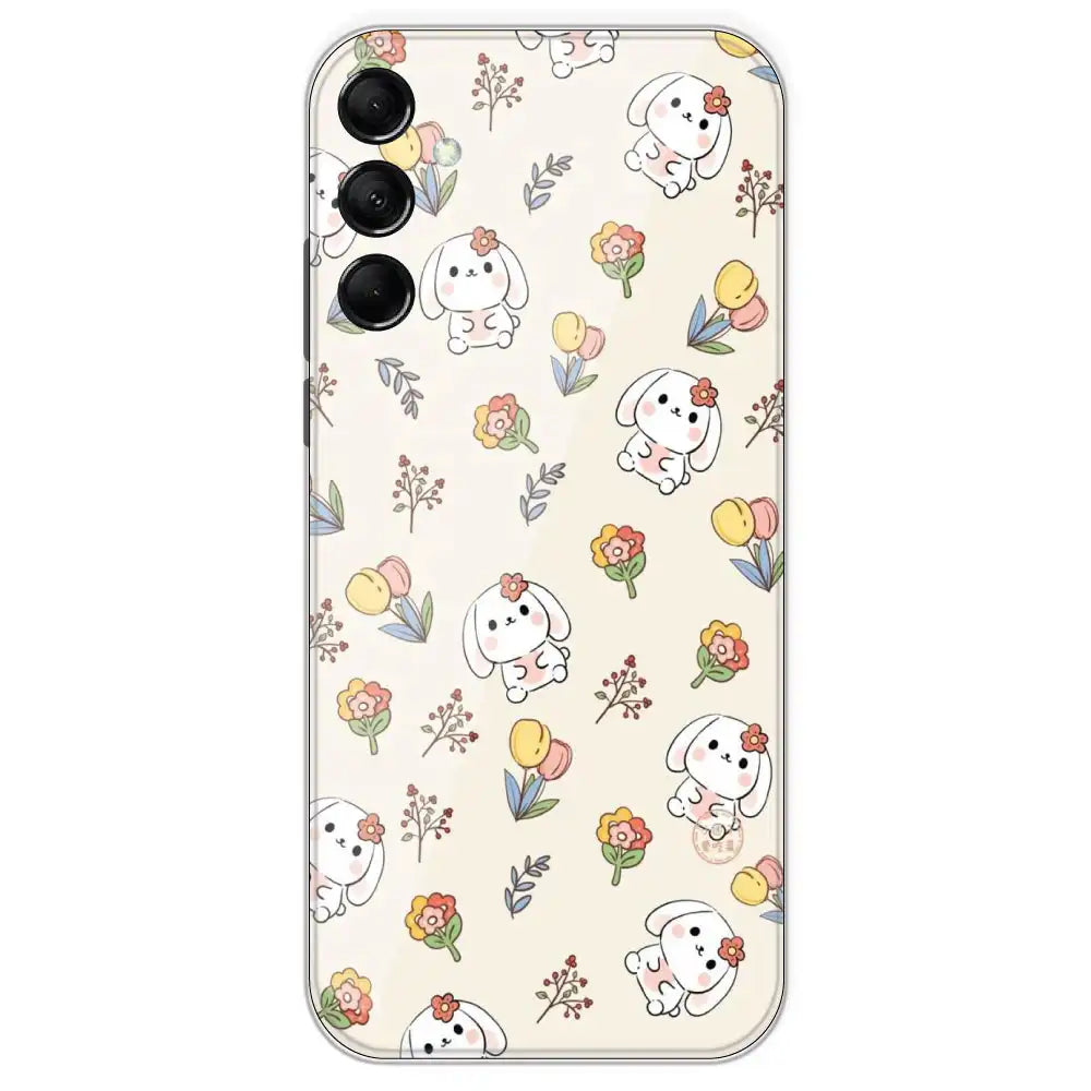 Cute Bunny And Flowers - Printed Silicone Case For Samsung Galaxy M14