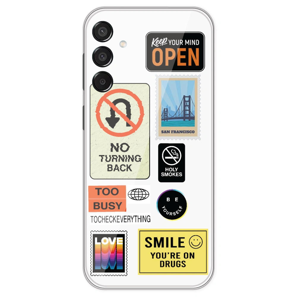 Retro Labels - Clear Printed Silicone Case For Samsung Galaxy M15