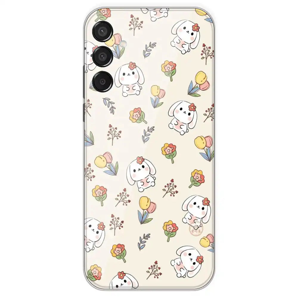 Cute Bunny And Flowers - Printed Silicone Case For Samsung Galaxy M15