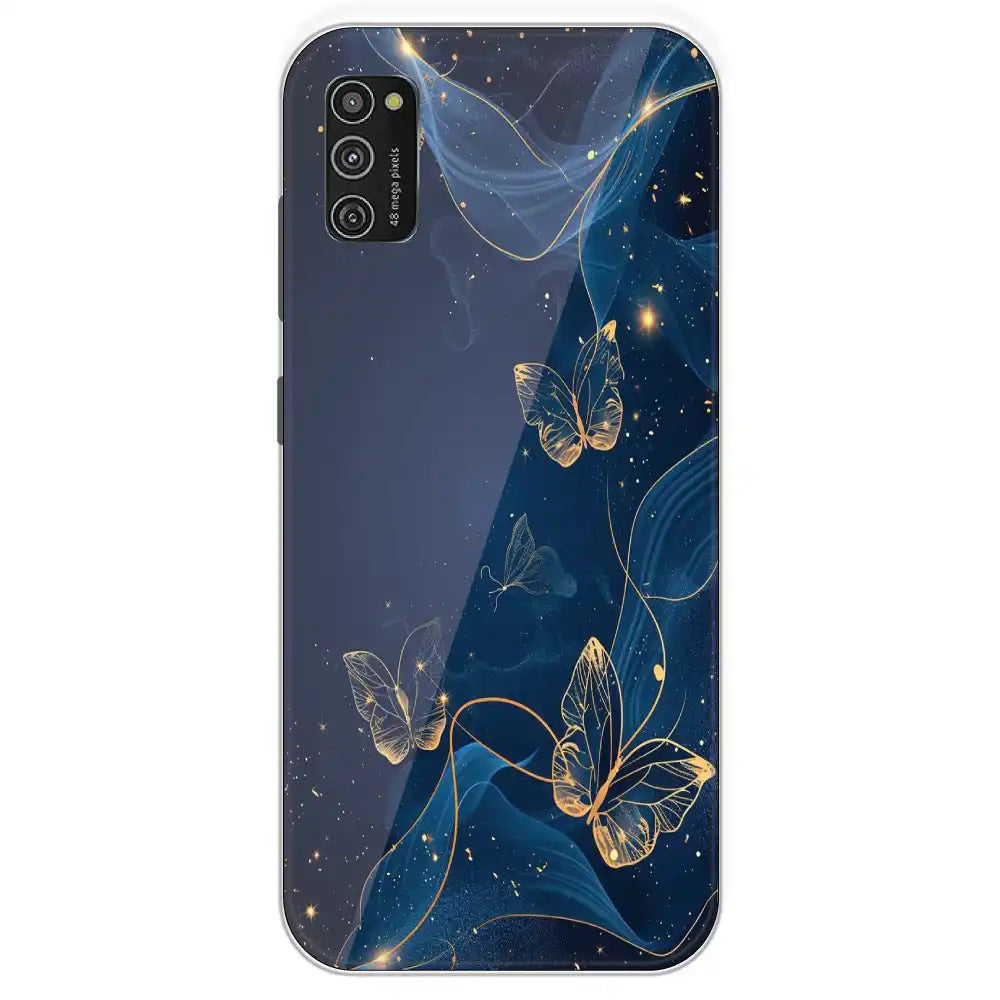 Blue With Gold Butterflies - Printed Silicone Case For Samsung Galaxy M21