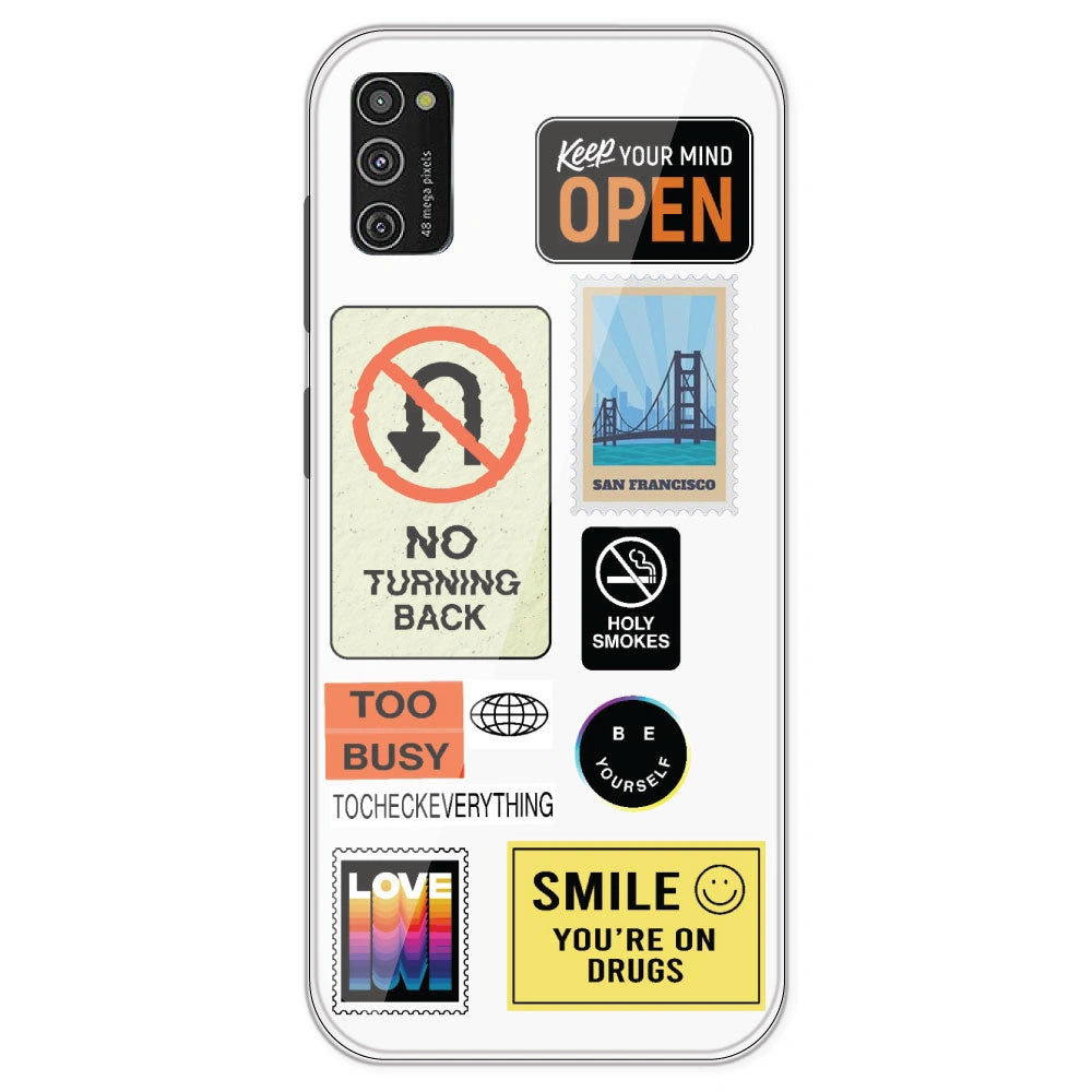 Retro Labels - Clear Printed Silicone Case For Samsung Galaxy M21