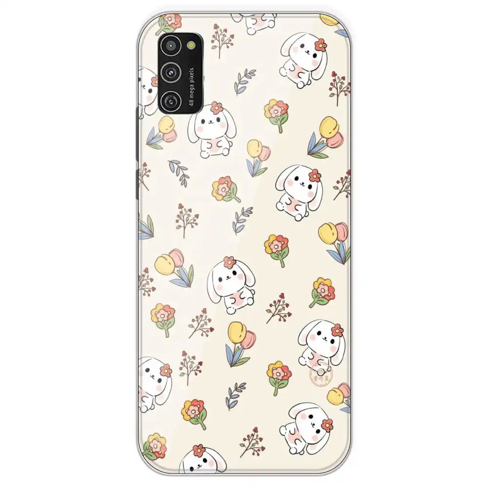 Cute Bunny And Flowers - Printed Silicone Case For Samsung Galaxy M21
