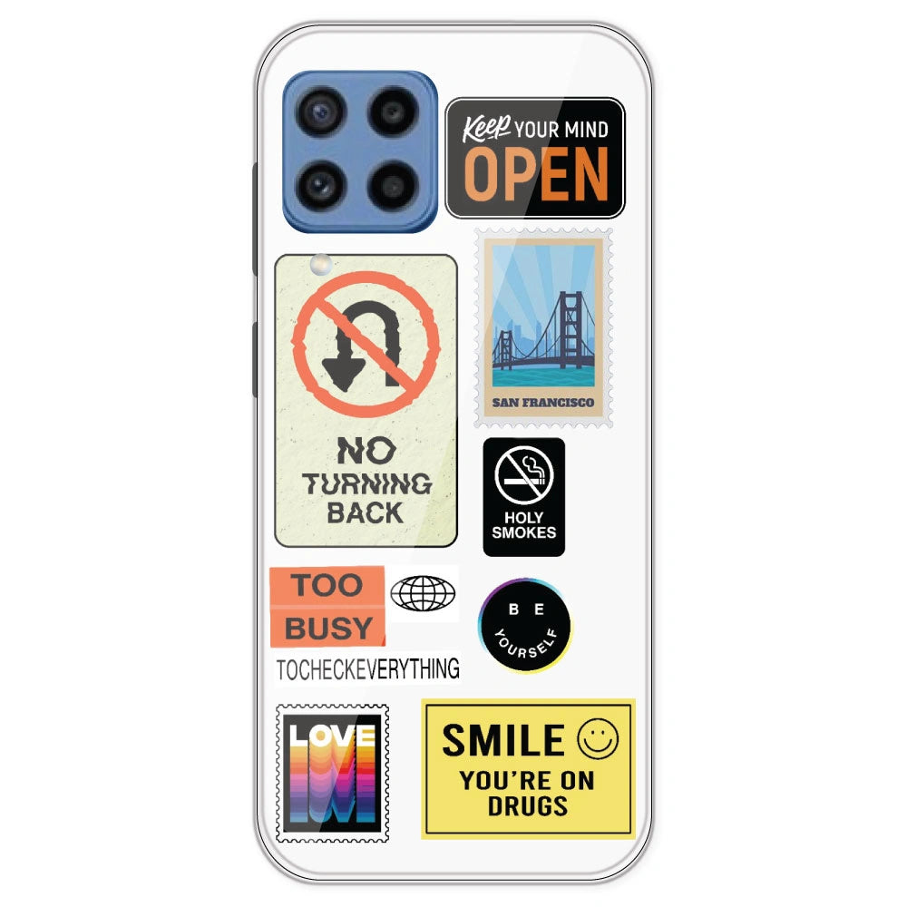 Retro Labels - Clear Printed Silicone Case For Samsung Galaxy M22
