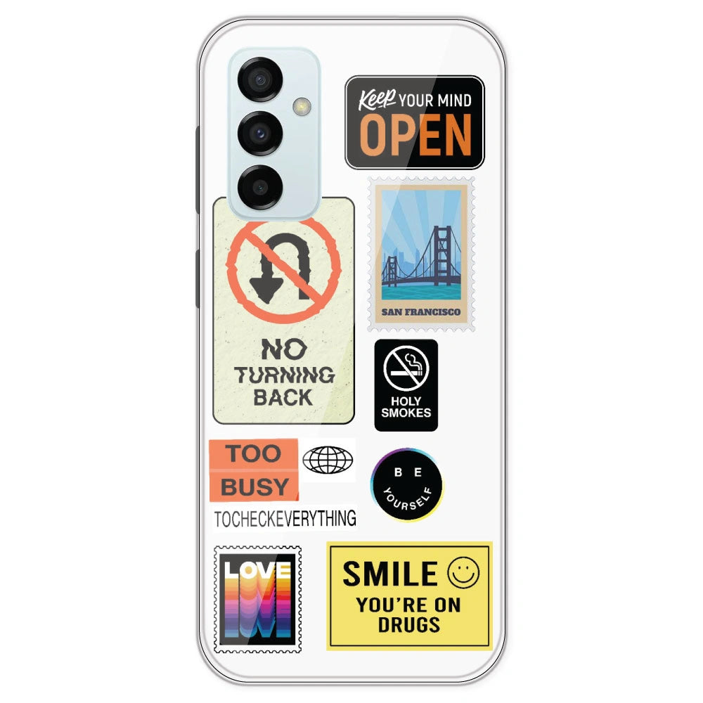 Retro Labels - Clear Printed Silicone Case For Samsung Galaxy M23