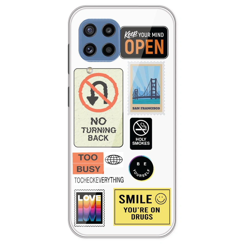 Retro Labels - Clear Printed Silicone Case For Samsung Galaxy M32