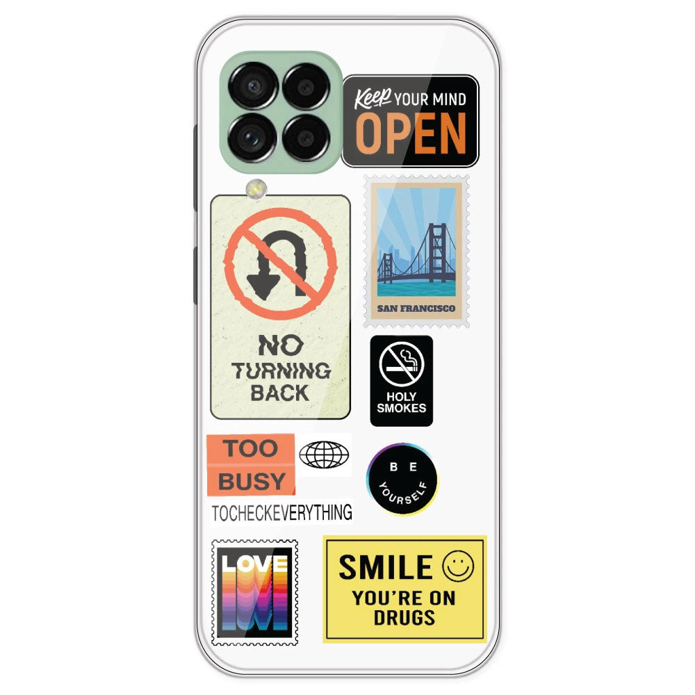 Retro Labels - Clear Printed Silicone Case For Samsung Galaxy M33