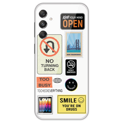 Retro Labels - Clear Printed Silicone Case For Samsung Galaxy M34