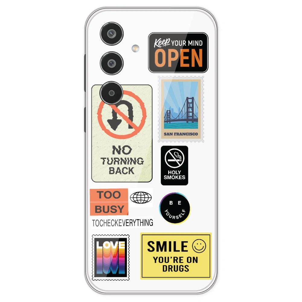 Retro Labels - Clear Printed Silicone Case For Samsung Galaxy M35