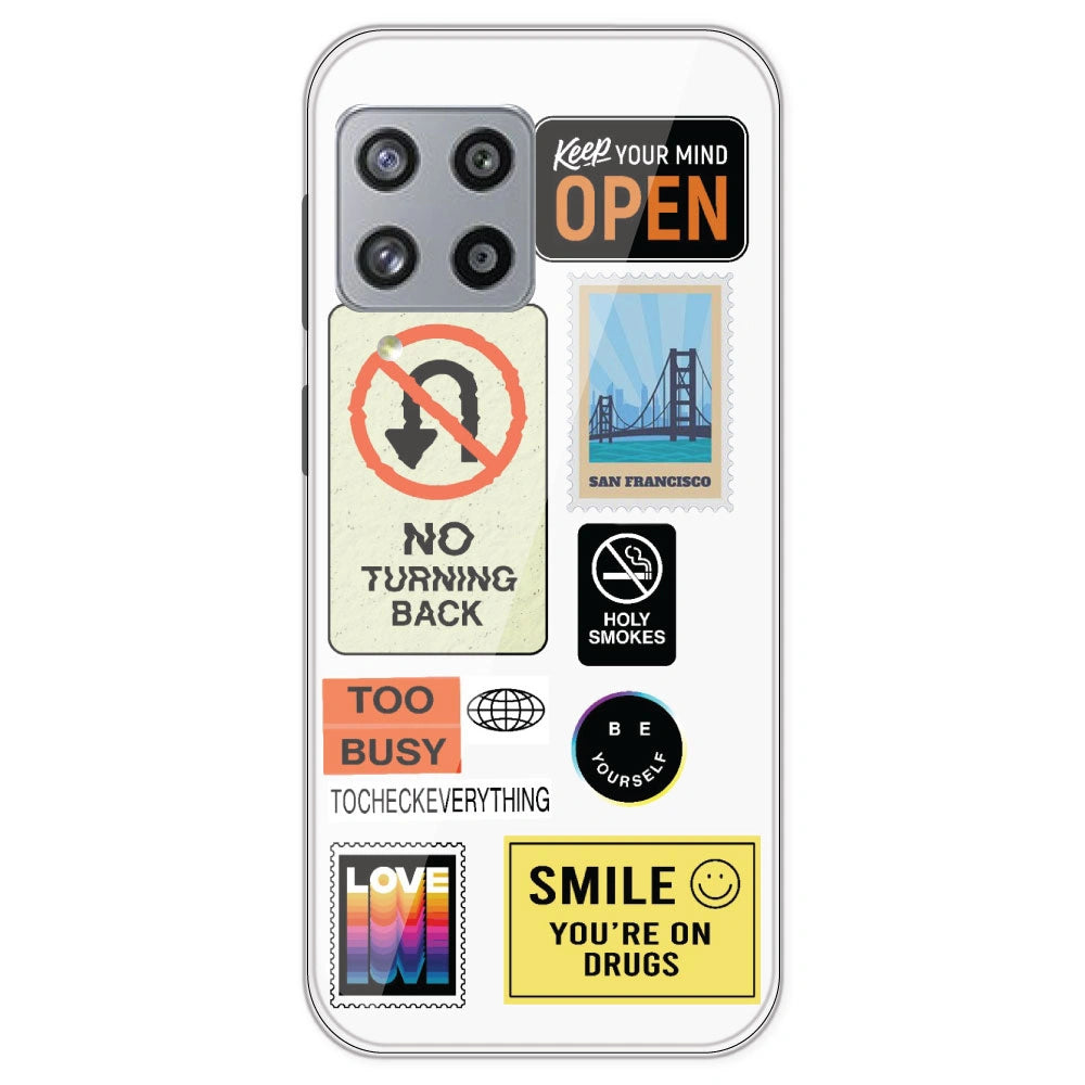 Retro Labels - Clear Printed Silicone Case For Samsung Galaxy M42