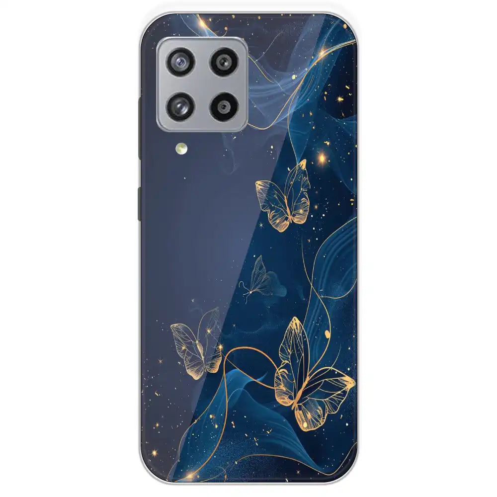 Blue With Gold Butterflies - Printed Silicone Case For Samsung Galaxy M42