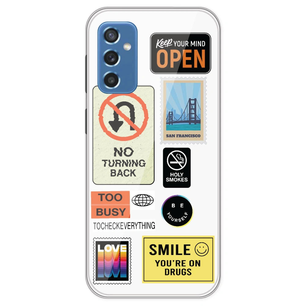Retro Labels - Clear Printed Silicone Case For Samsung Galaxy M52