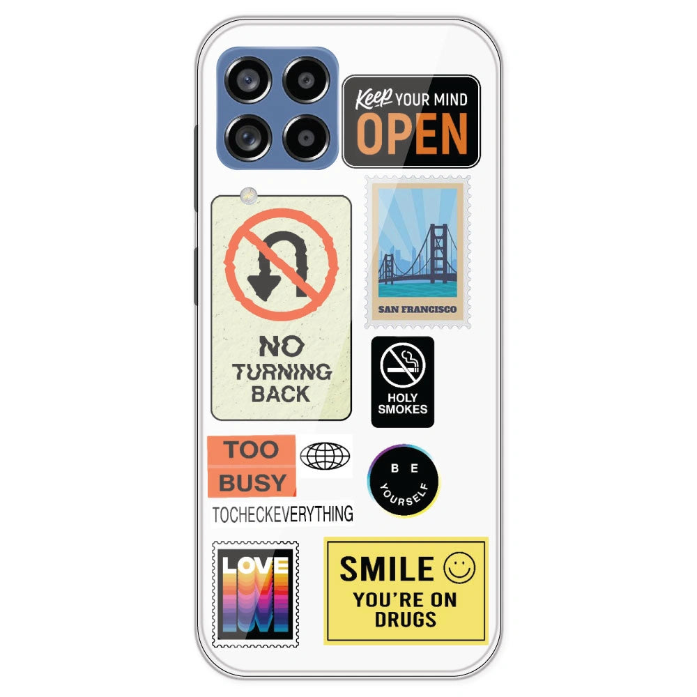 Retro Labels - Clear Printed Silicone Case For Samsung Galaxy M53