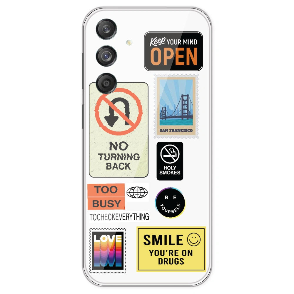 Retro Labels - Clear Printed Silicone Case For Samsung Galaxy M55