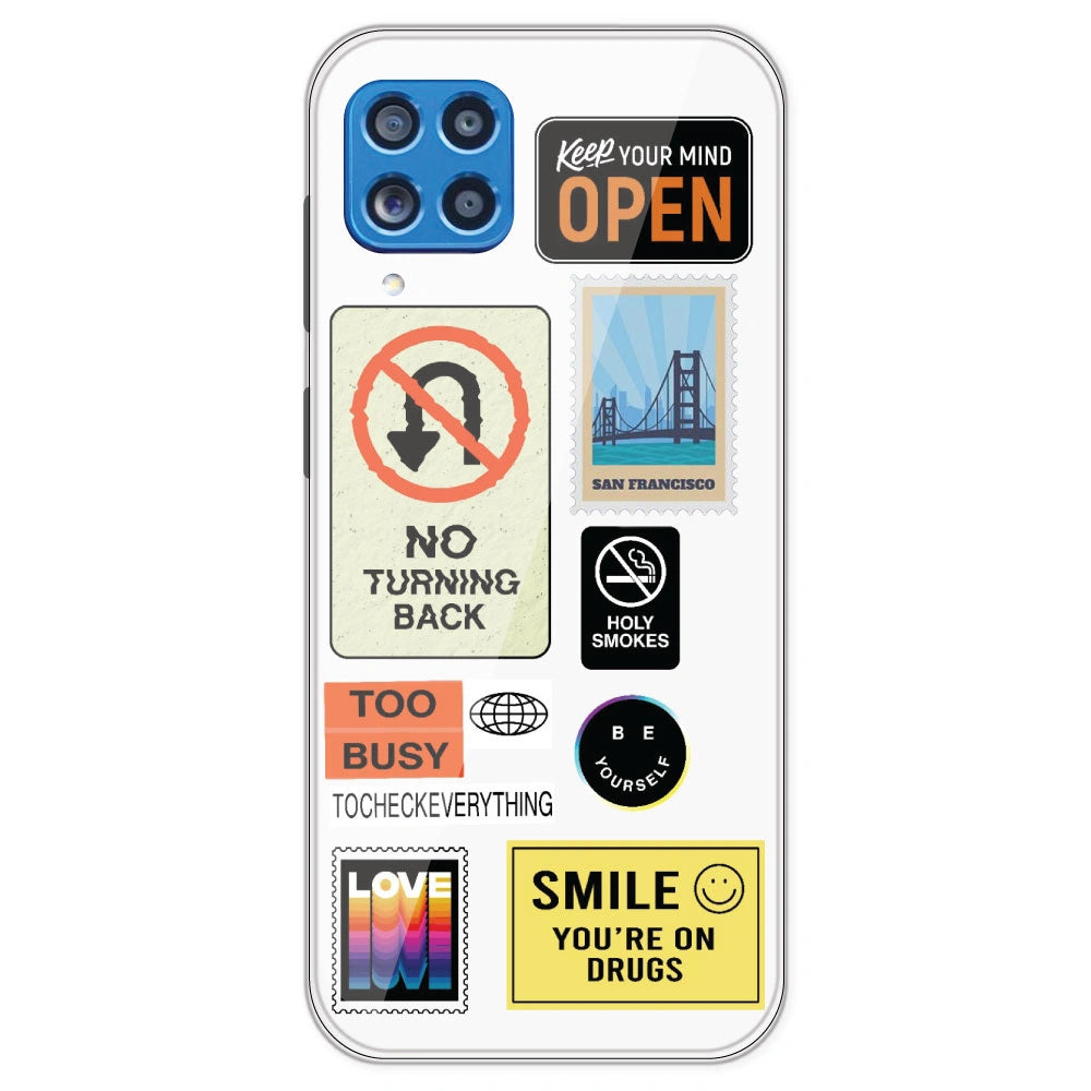 Retro Labels - Clear Printed Silicone Case For Samsung Galaxy M62