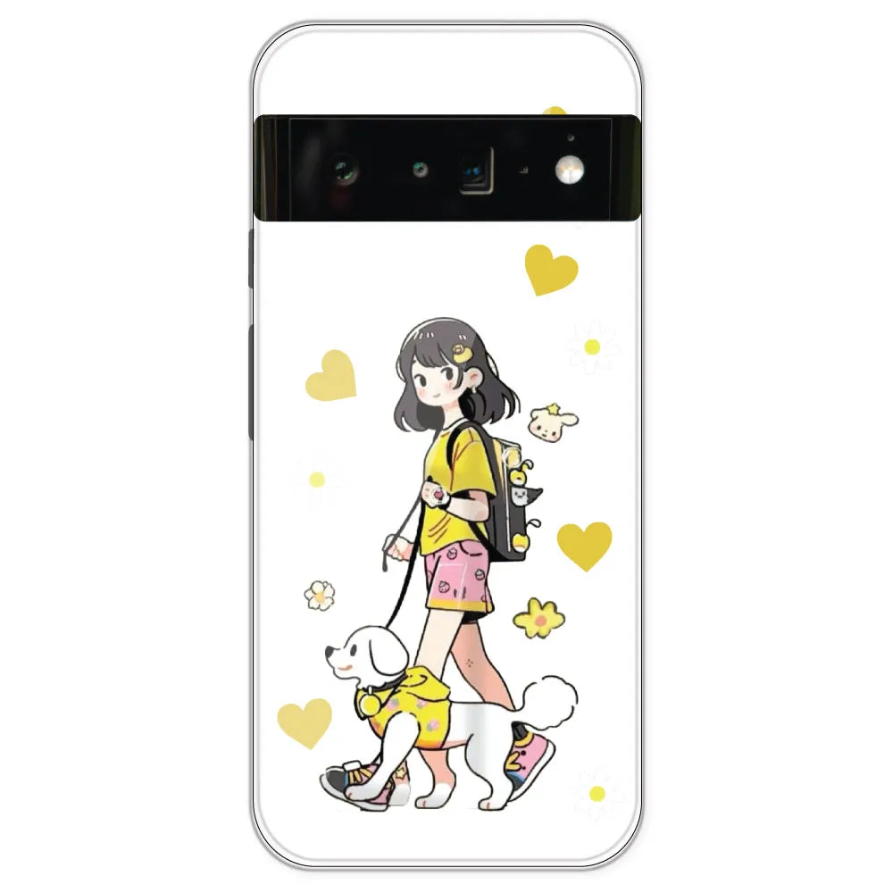Yellow Girl And Dog - Clear Printed Silicone Case For Google Pixel 6 Pro