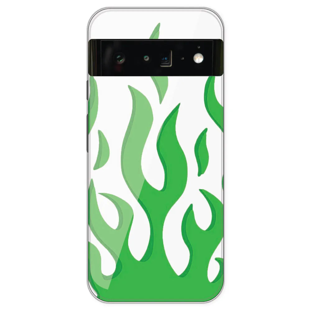 Green Flames - Clear Printed Silicone Case For Google Pixel 6 Pro