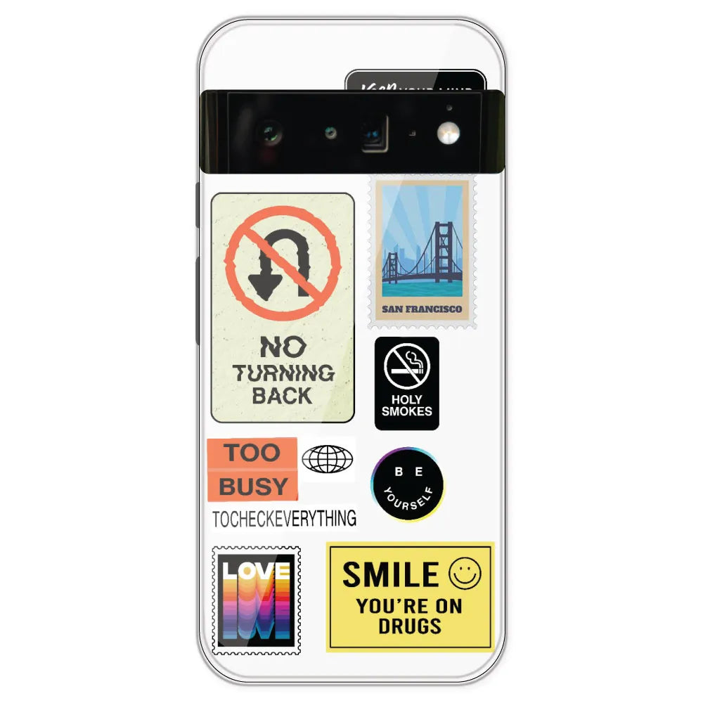 Retro Labels - Clear Printed Silicone Case For Google Pixel 6 Pro