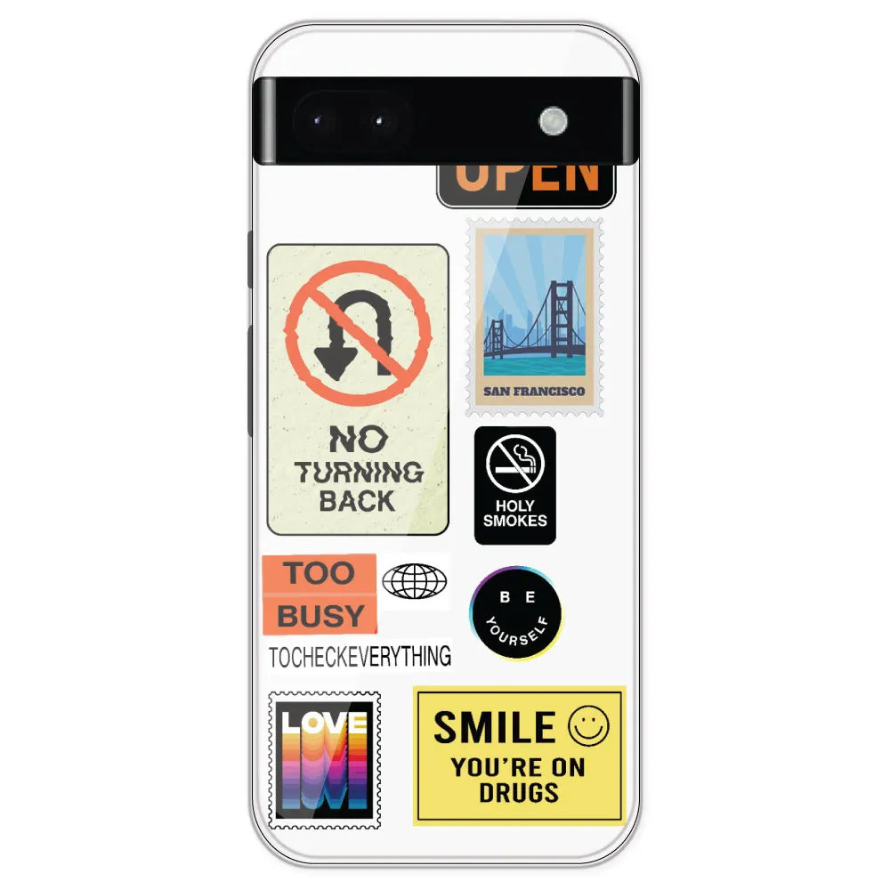 Retro Labels - Clear Printed Silicone Case For Google Pixel 6A