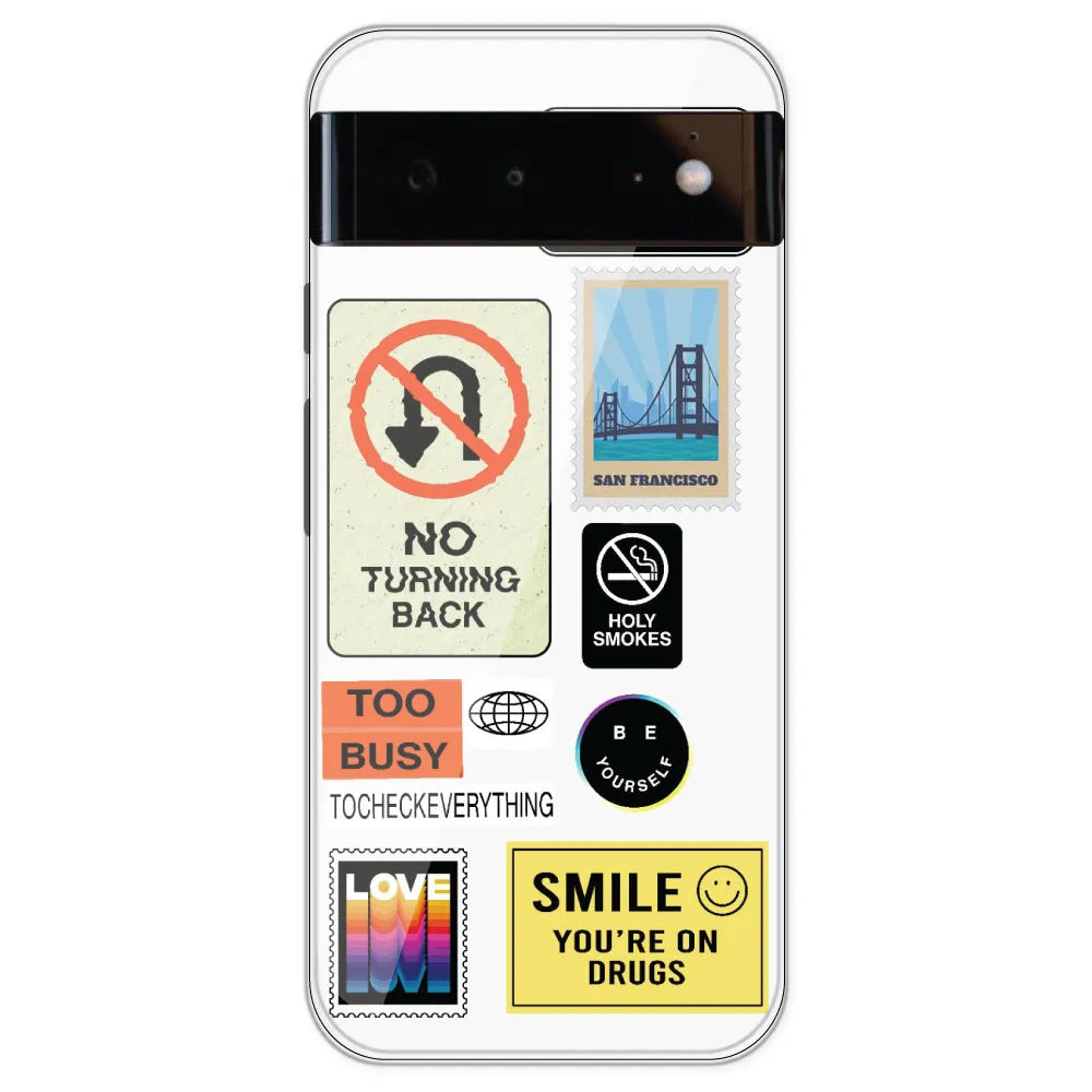 Retro Labels - Clear Printed Silicone Case For Google Pixel 6
