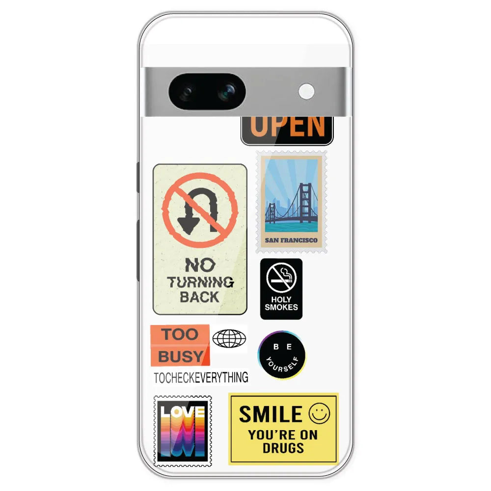 Retro Labels - Clear Printed Silicone Case For Google Pixel 7A