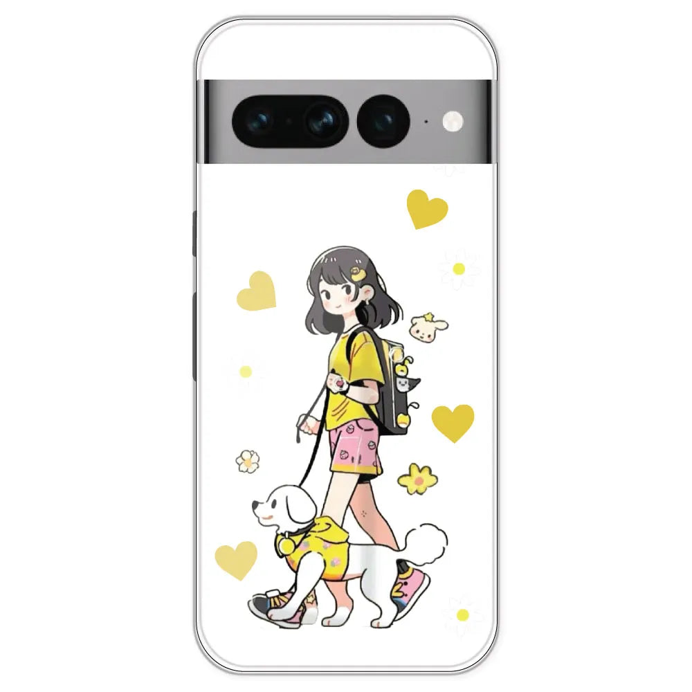 Yellow Girl And Dog - Clear Printed Silicone Case For Google Pixel 7 Pro
