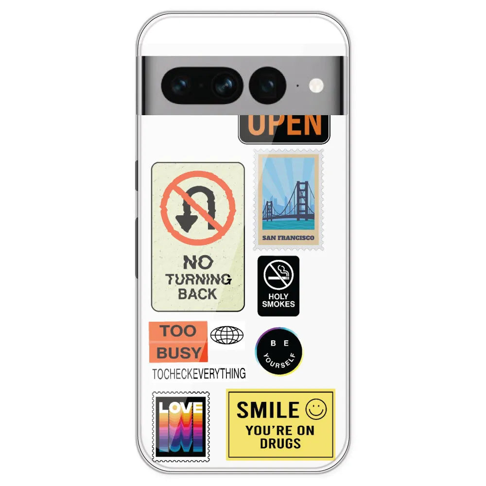 Retro Labels - Clear Printed Silicone Case For Google Pixel 7 Pro