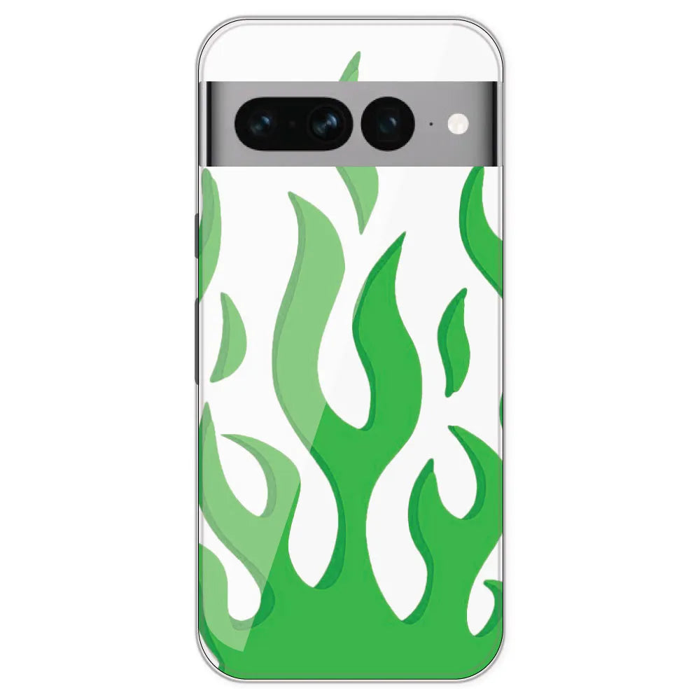Green Flames - Clear Printed Silicone Case For Google Pixel 7 Pro