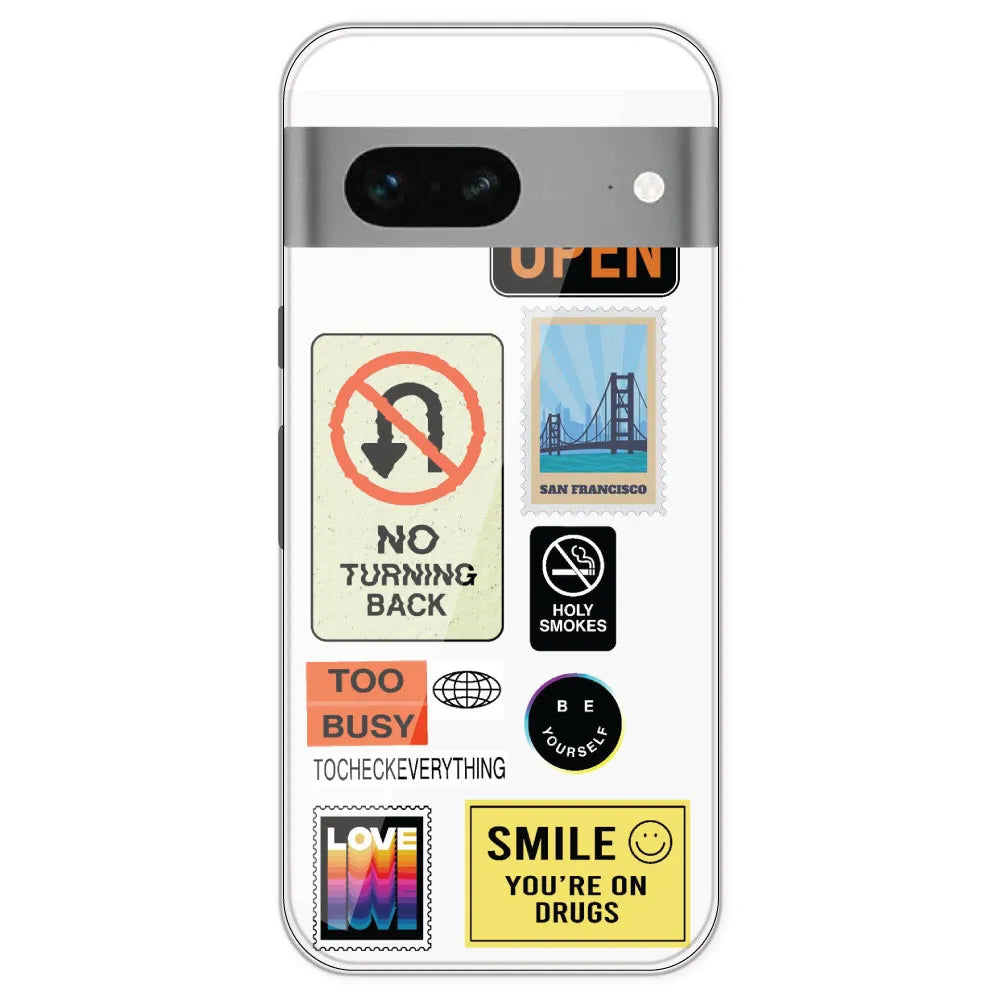 Retro Labels - Clear Printed Silicone Case For Google Pixel 7