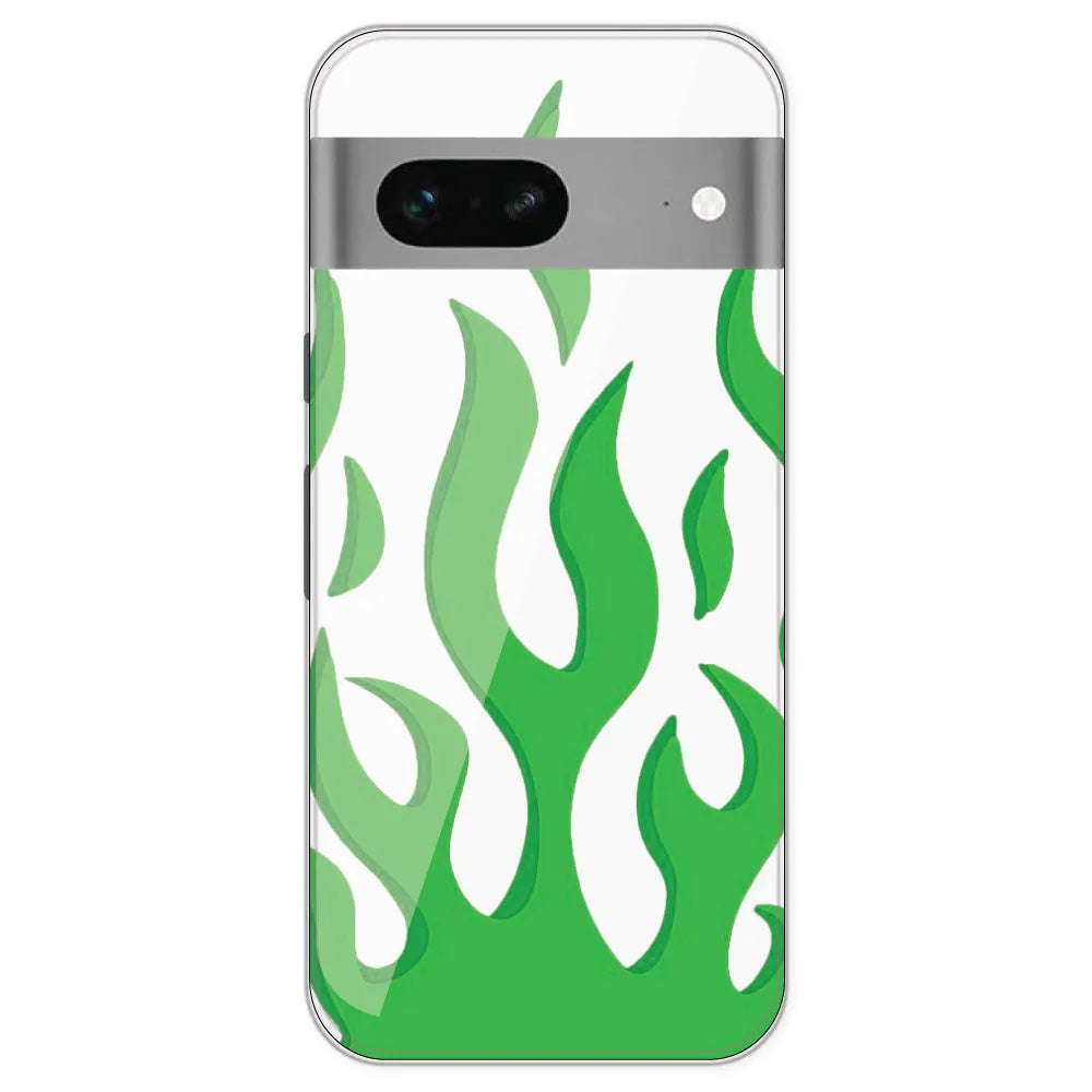 Green Flames - Clear Printed Silicone Case For Google Pixel 7