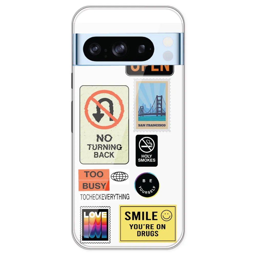 Retro Labels - Clear Printed Silicone Case For Google Pixel 8 Pro