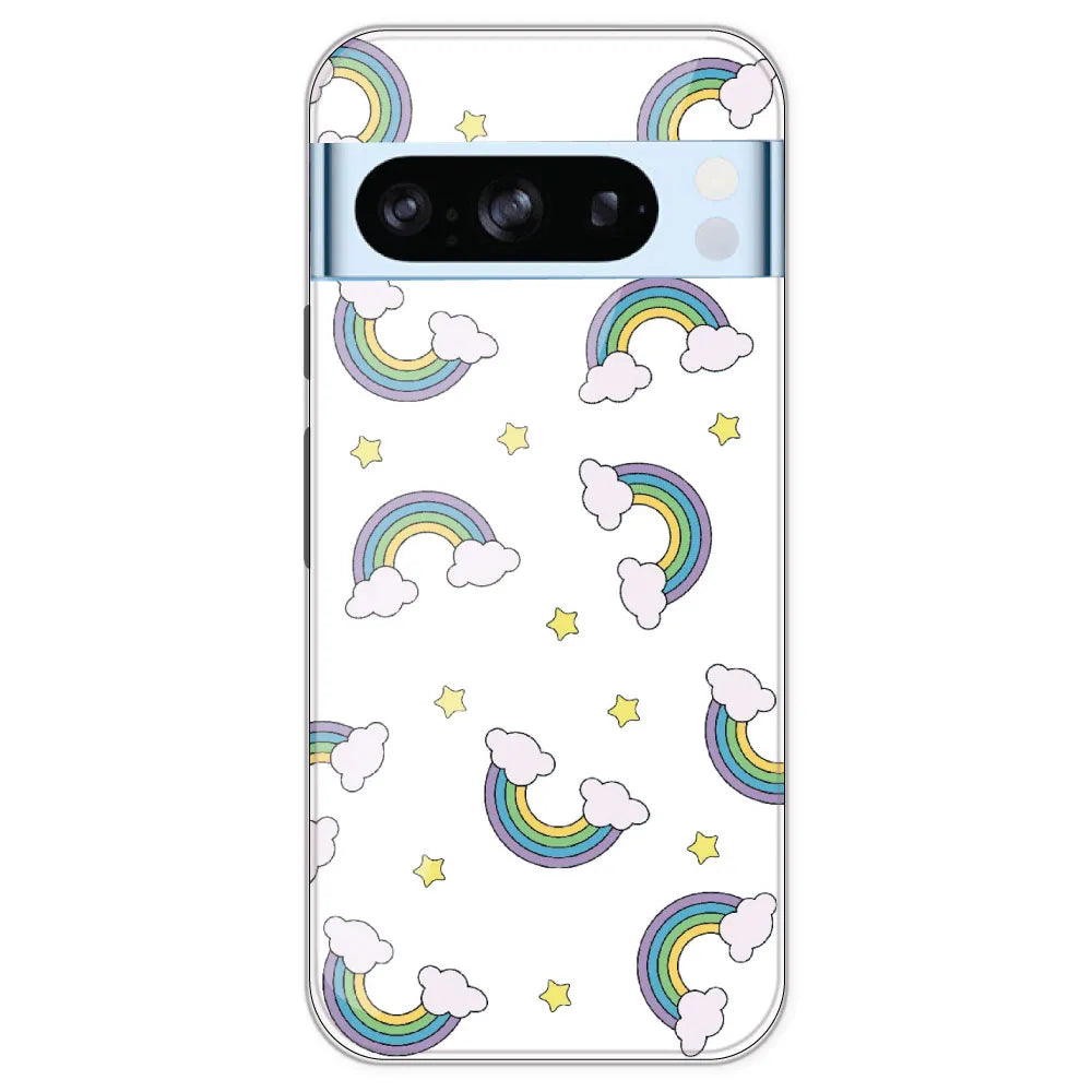 Rainbow With Clouds - Clear Printed Silicone Case For Google Pixel 8 Pro
