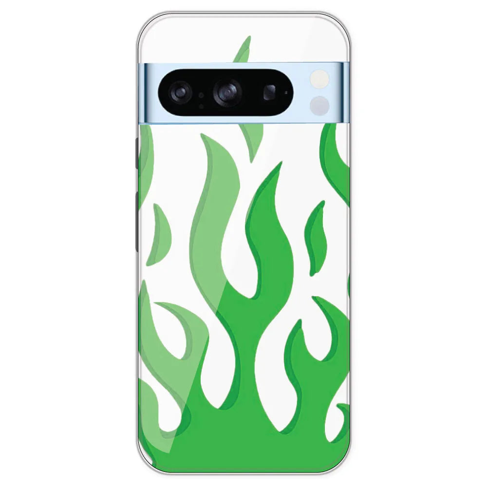 Green Flames - Clear Printed Silicone Case For Google Pixel 8 Pro