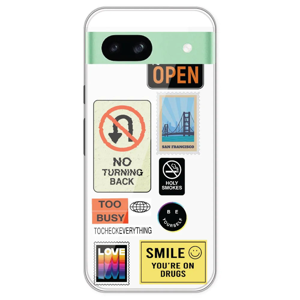 Retro Labels - Clear Printed Silicone Case For Google Pixel 8A