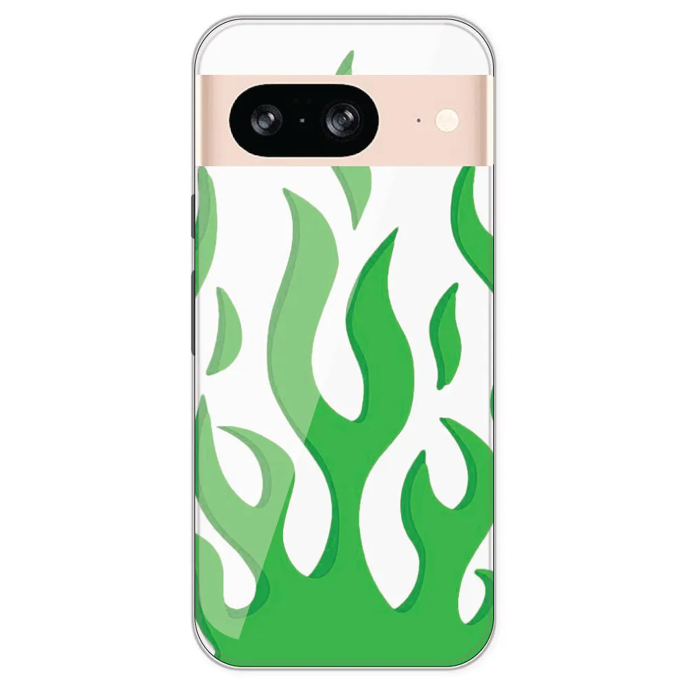 Green Flames - Clear Printed Silicone Case For Google Pixel 8