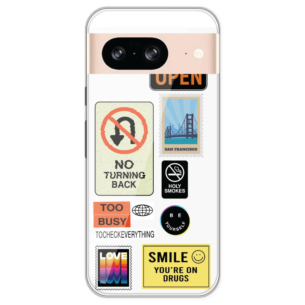 Retro Labels - Clear Printed Silicone Case For Google Pixel 8