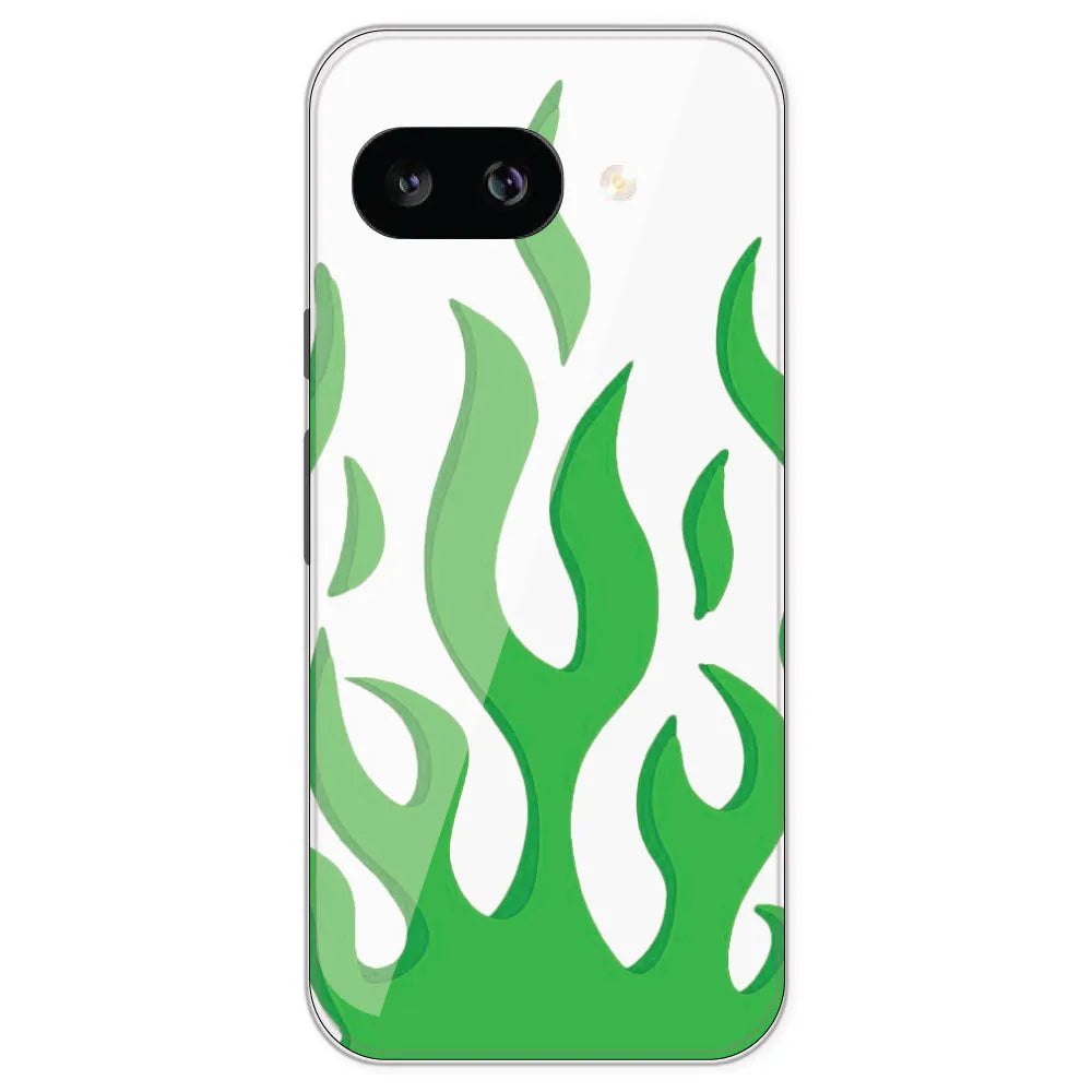 Green Flames - Clear Printed Silicone Case For Google Pixel 9A