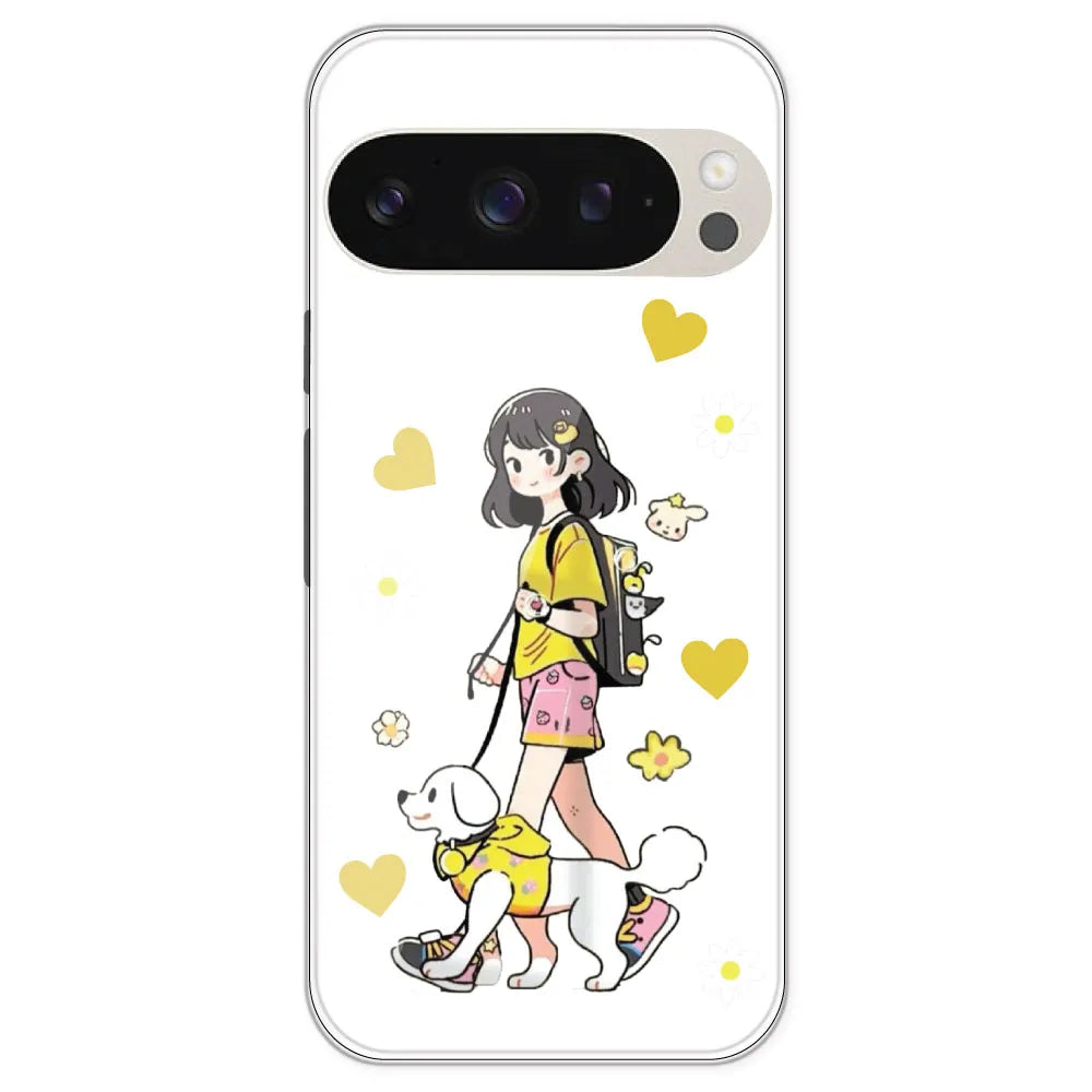 Yellow Girl And Dog - Clear Printed Silicone Case For Google Pixel 9 Pro