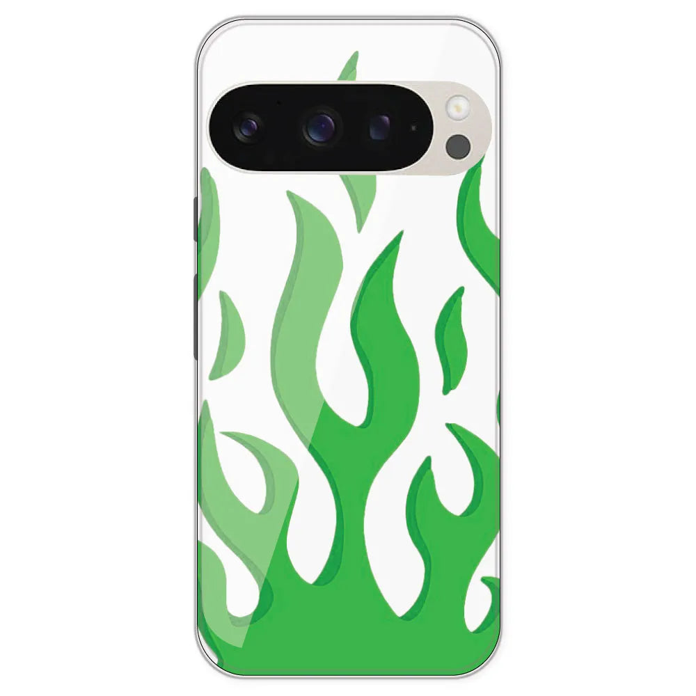 Green Flames - Clear Printed Silicone Case For Google Pixel 9 Pro