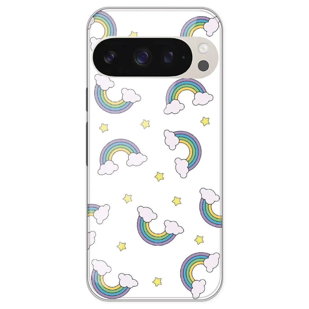 Rainbow With Clouds - Clear Printed Silicone Case For Google Pixel 9 Pro