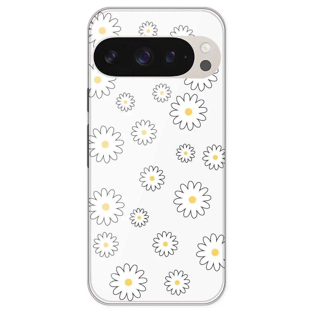 White Flowers - Clear Printed Silicone Case For Google Pixel 9 Pro